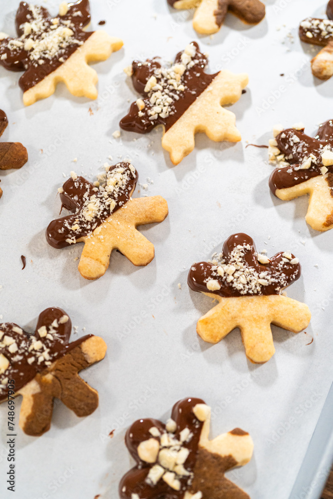 Making Cutout Sugar Cookies, Chocolate-Dipped, Hazelnut-Sprinkled Making Cutout Sugar Cookies, Chocolate-Dipped, Hazelnut-Sprinkled