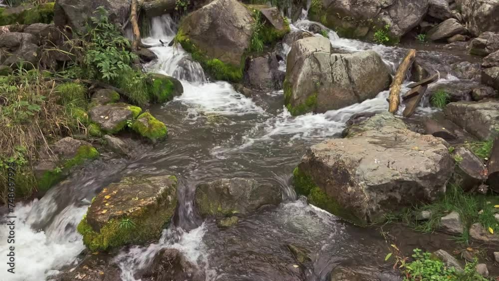 Real time handheld shot of small stream flowing through stones with moss in forest on cloudy day Real time handheld shot of small stream flowing through stones with moss in forest on cloudy day