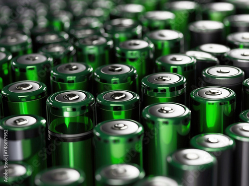 Numerous cylindrical green batteries closely packed together