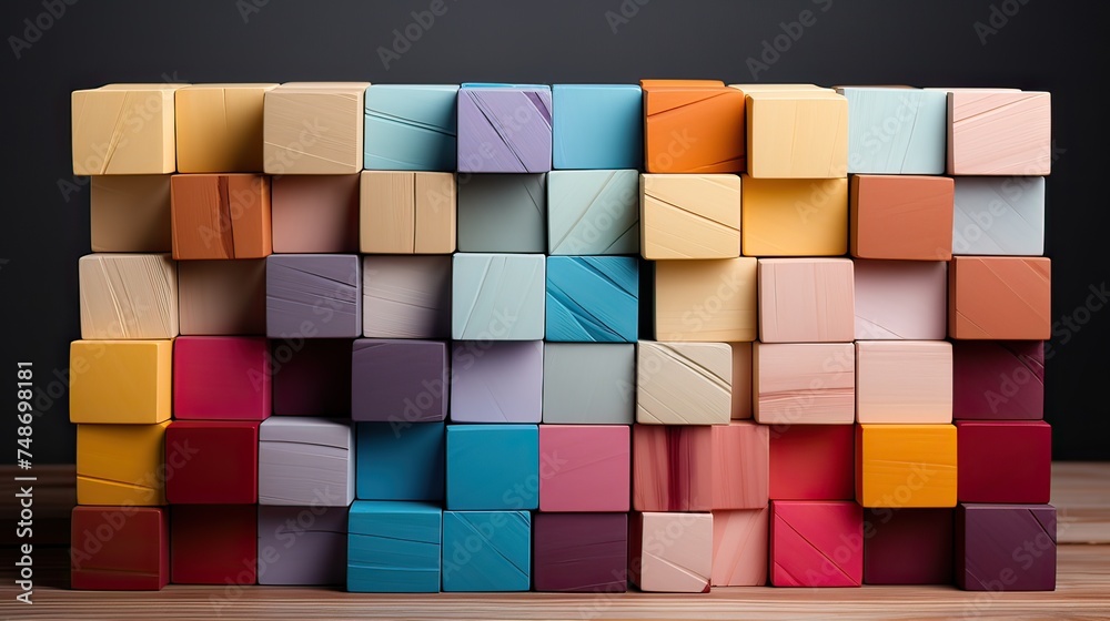 Colorful wooden cubes arranged in a stack on top of one another. Colorful wooden cubes arranged in a stack on top of one another.