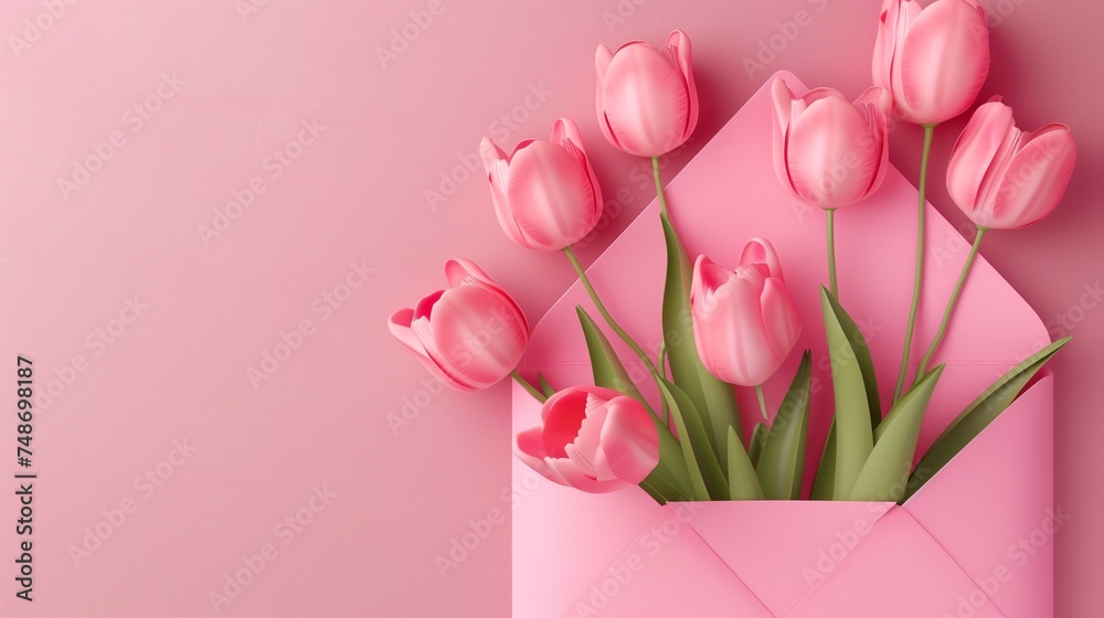 Greeting concept. A set of delicate pink tulips emerging from an open envelope on a matching pink background, symbolizing a special occasion or heartfelt sentiment. Greeting concept. A set of delicate pink tulips emerging from an open envelope on a matching pink background, symbolizing a special occasion or heartfelt sentiment.