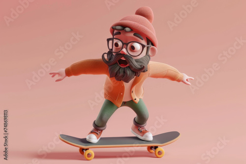 A cool trendy 3d skateboard character. 3D Rendering style illustration