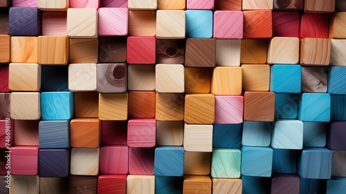 Colorful wooden cubes arranged in a stack on top of one another.