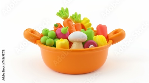 Cooking concept. A playful assortment of colorful  plasticine-modeled vegetables including carrots  peas  bell peppers  and mushrooms  all contained in a bright orange bowl