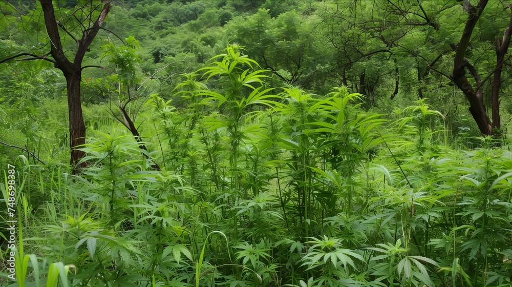 Natural Cannabis Bushes Thriving Amongst Verdant Greenery in the Wild Natural Cannabis Bushes Thriving Amongst Verdant Greenery in the Wild