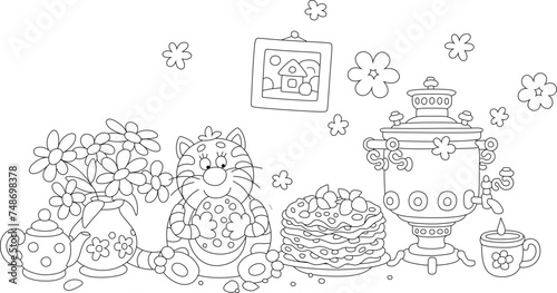 Funny fat cat sitting on a kitchen table with a beautiful tablecloth, a teapot and a hot samovar, eating tasty freshly baked pancakes and drinking sweet tea, black and white vector cartoon illustratio