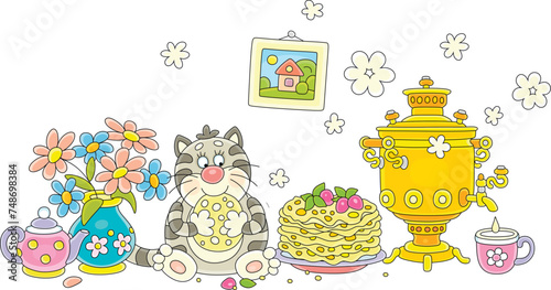 Funny fat cat sitting on a kitchen table with a beautiful tablecloth, a teapot and a hot samovar, eating tasty freshly baked pancakes and drinking sweet tea, vector cartoon illustration on white