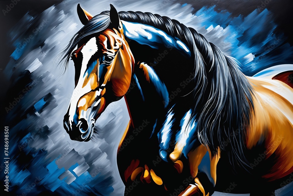 Ölgemälde eines Pferdes auf Leinwand. Gold, Schwarz, Blau, Rot und Grau.  - obrazy, fototapety, plakaty 
