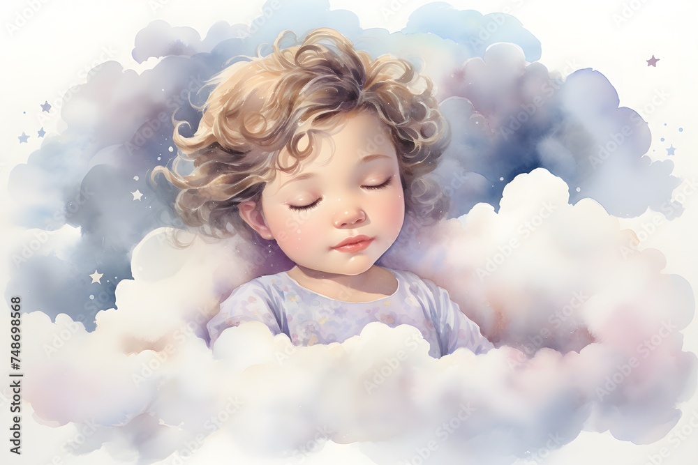 Watercolor portrait of a sleeping child. Dreaming baby in soft clouds