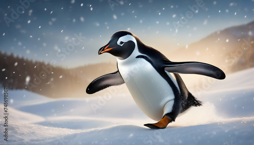 A carefree penguin sliding down an icy slope