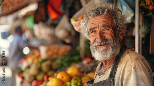 happy old handsome farmer managing street vendor food stand with fresh natural agricultural products grey hair beard looking at camera charmingly smiling