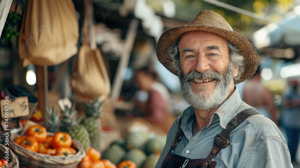 portrait of man managing street vendor food stand with fresh natural agricultural products happy old handsome farmer grey hair beard looking at camera charmingly smiling