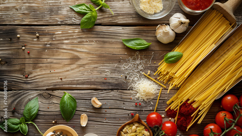 Italian food ingredients on wooden background.