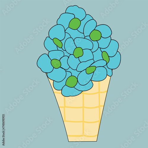 There are many small blue flowers that are in a waffle cup. The illustration shows delicious and beautiful ice cream.