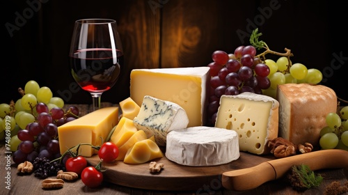 Composition of sliced cheeses and grapes and wine on a wooden background