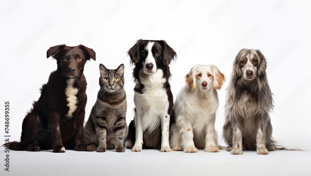 dogs and cats standing together in front of white background