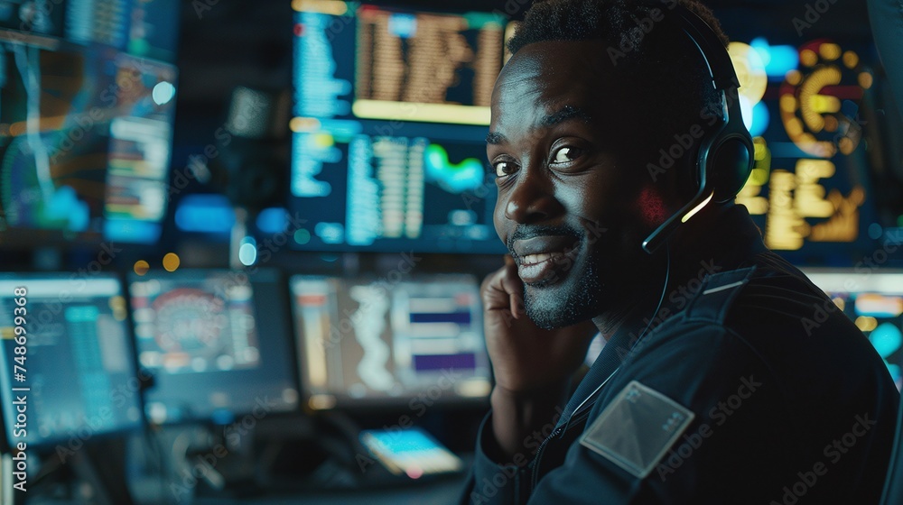 professional assistance in a dark monitoring and control room: happy customer support specialist having a headset call while working on a computer with colleagues and display screens professional assistance in a dark monitoring and control room: happy customer support specialist having a headset call while working on a computer with colleagues and display screens