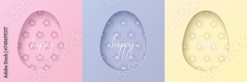 Set of pastel colored 3D egg shape frame design. Collection of geometric backdrop for easter product display, spring festival design, happy easter card, presentation, luxury banner, cover and web.