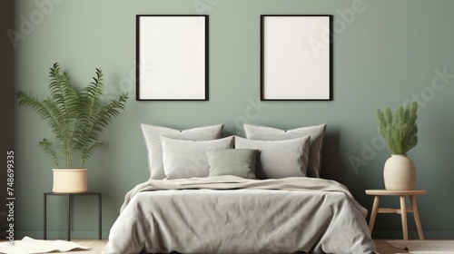 Elegant bedroom in boho style. Two empty photo frames hang on the sage-colored wall.