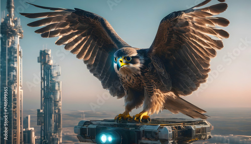 A cybernetic falcon with glowing eyes, perched atop a high-tech surveillance tower photo