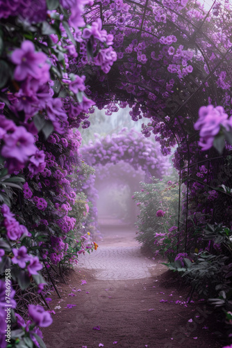 Photography Backdrop of a whimsical garden archway covered in deep purple flowers. 