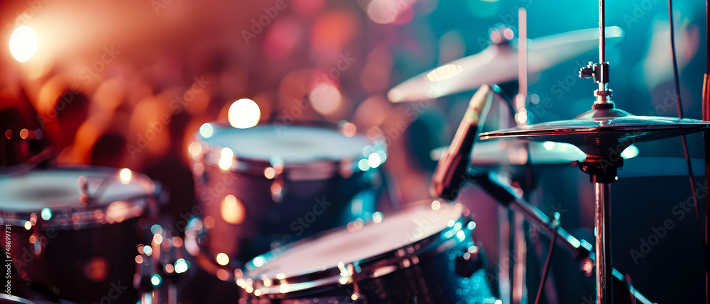 Professional drum set on concert stage with illuminating, spotlights, smoke effect. Music live session. Musician performance background. Poster illustration, banner, flyer.Generative ai - obrazy, fototapety, plakaty 