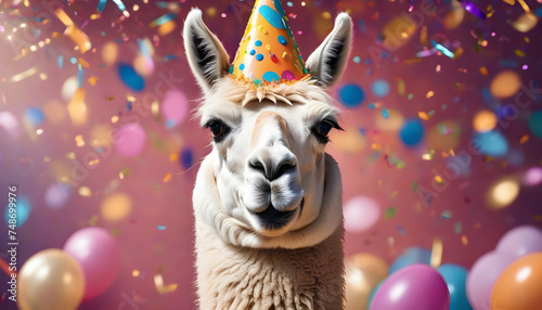 A grinning llama decked out in a silly party hat © Dragon Stock