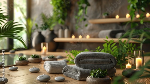 tranquil spa setting with candles, towels, stones, and green plants in soft light