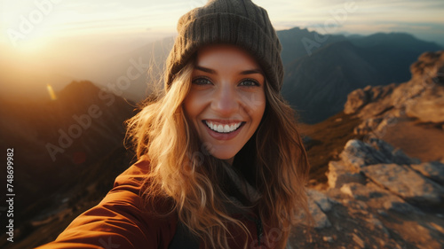 woman tourist taking selfie on the top of mountain © Yuwarin