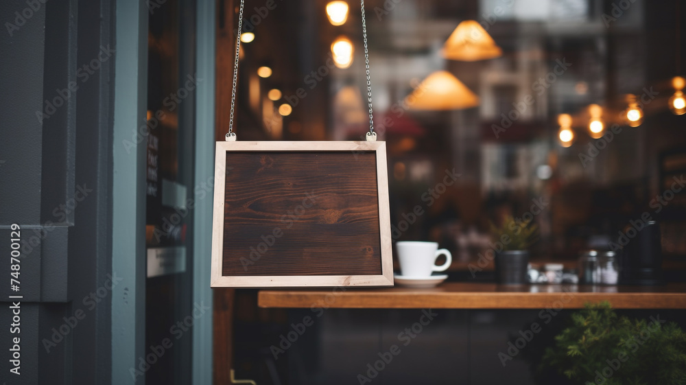 A blank wooden sign hangs at the entrance of a coffee shop - obrazy, fototapety, plakaty 