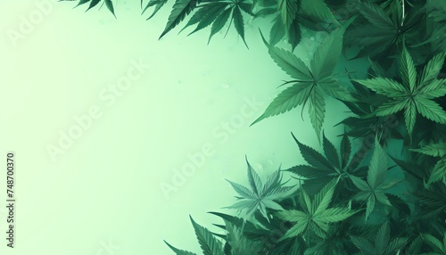 Fresh green marijuana leaves on blurred defocused background with copy space for text