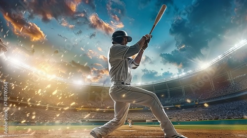 Baseball player hitting the ball in action on stadium © Andrii