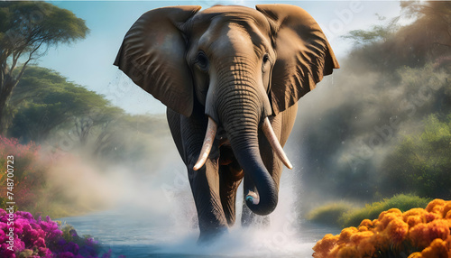 A jubilant elephant spraying a colorful array of water from its trunk