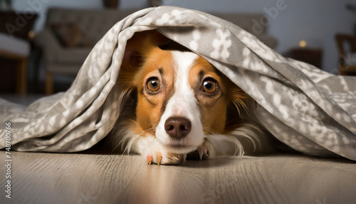 Frightened Dog Concealed Beneath a Blanket photo