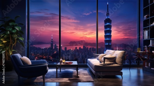 Modern interior design of living room, Taiwan, Taipei city skyline, purple and blue high contrast