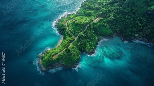 road surrounded by green tree on mountain at ocean edge, aerial view