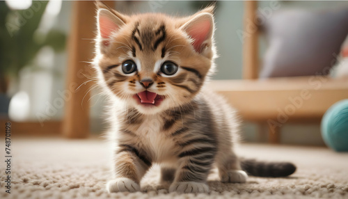 A mischievous kitten playfully batting at a string © Dragon Stock