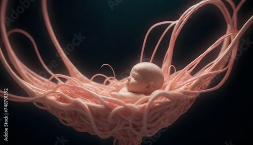 A serene fetus is gently embraced by the loops of its lifeline, the umbilical cord. This image is a symbolic portrayal of the nurturing link between mother and child. AI generation photo
