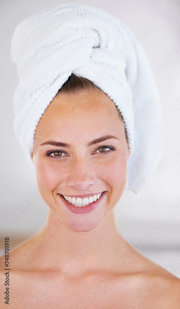 Portrait, beauty and skincare of happy woman in spa for wellness in bathroom at home. Face, towel and natural cosmetics of female person with facial treatment, dermatology and glow for healthy skin Portrait, beauty and skincare of happy woman in spa for wellness in bathroom at home. Face, towel and natural cosmetics of female person with facial treatment, dermatology and glow for healthy skin