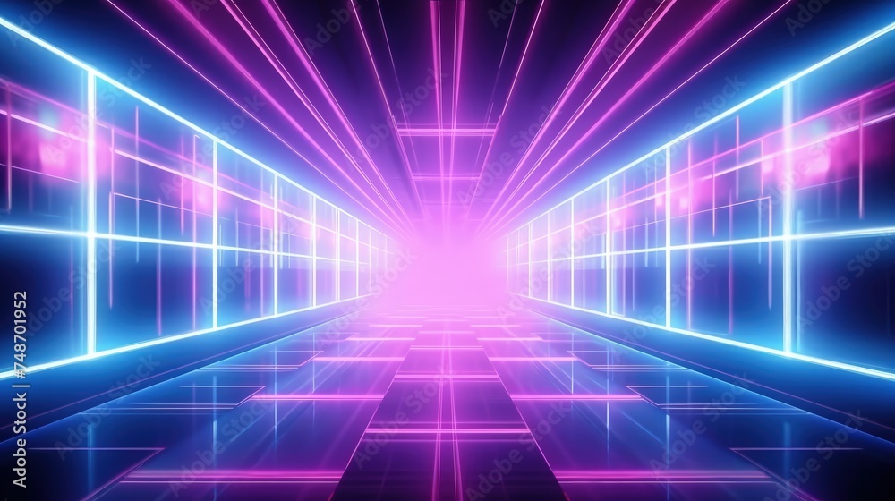 Neon light, blue and pink glowing lines at high speed.