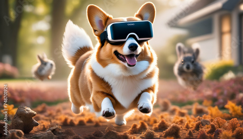 A playful Corgi wearing virtual reality goggles