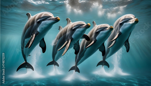 A pod of dolphins engaging in a synchronized swimming routine