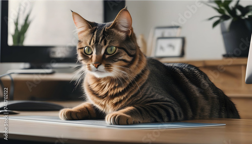 A playful tabby cat sitting on a desk, watching its owner work on a computer with curious eyes