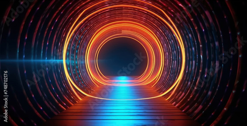 A tunnel with glowing red neon lines.