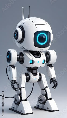 A sleek white robot with blue accents and a modern design stands ready, symbolizing the cutting-edge advancements in friendly robotic engineering. AI generation © Anastasiia