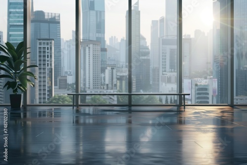 High-rise building view from a glossy floor - The image showcases a view of skyscrapers from a reflective floor, expressing urban growth and aspiration