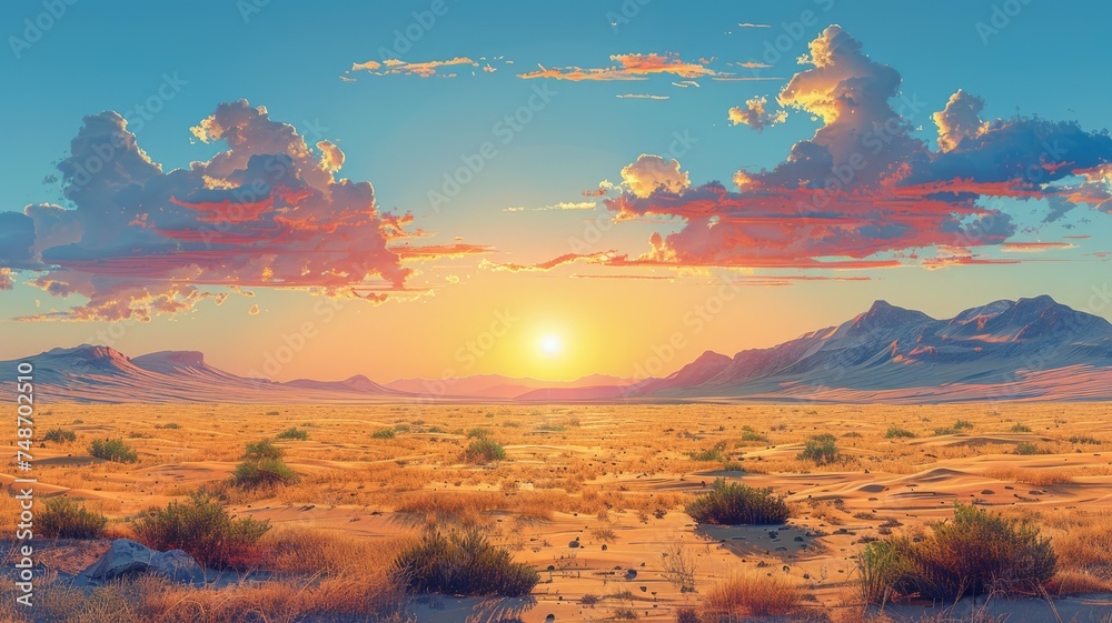 Panoramic desert landscape at sunset - A breathtaking panoramic view of a desert landscape illuminated by a dramatic sunset sky