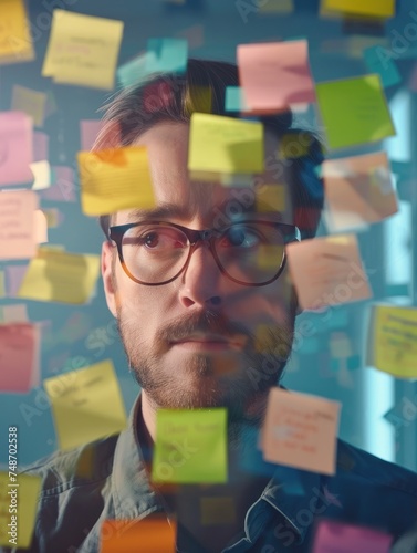 Person immersed in colorful sticky notes - An individual surrounded by numerous colored sticky notes on a glass wall, suggesting brainstorming or organization photo