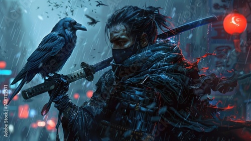 Samurai with crow in rain - A fierce samurai in traditional armor stands in the rain with a crow perched beside, evoking a sense of mystique and ancient warrior culture