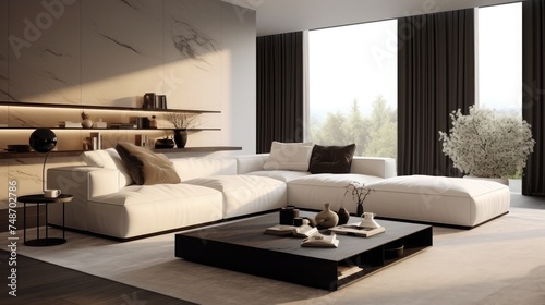 Modern living room with design furniture sofa couch light interior furniture white black relax in luxury cocooning